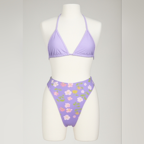Highrise Floral PacSun Bottoms/Triangle Top By Skinny Dip Bikini Set Purple NWOT - Picture 8 of 8
